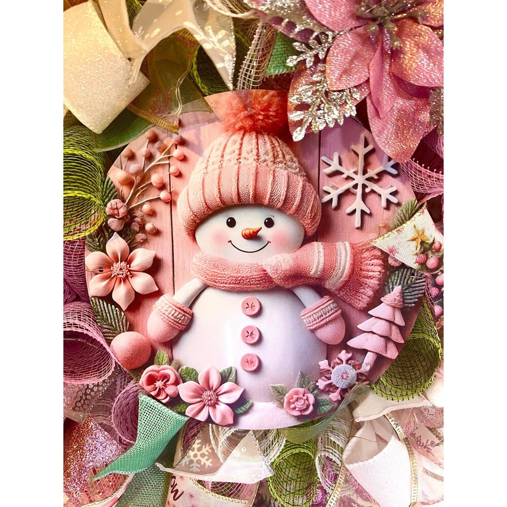 Handmade Pink Winter Snowman Holiday Ribbon Door Wreath 22 ins W81 - Picture 8 of 11